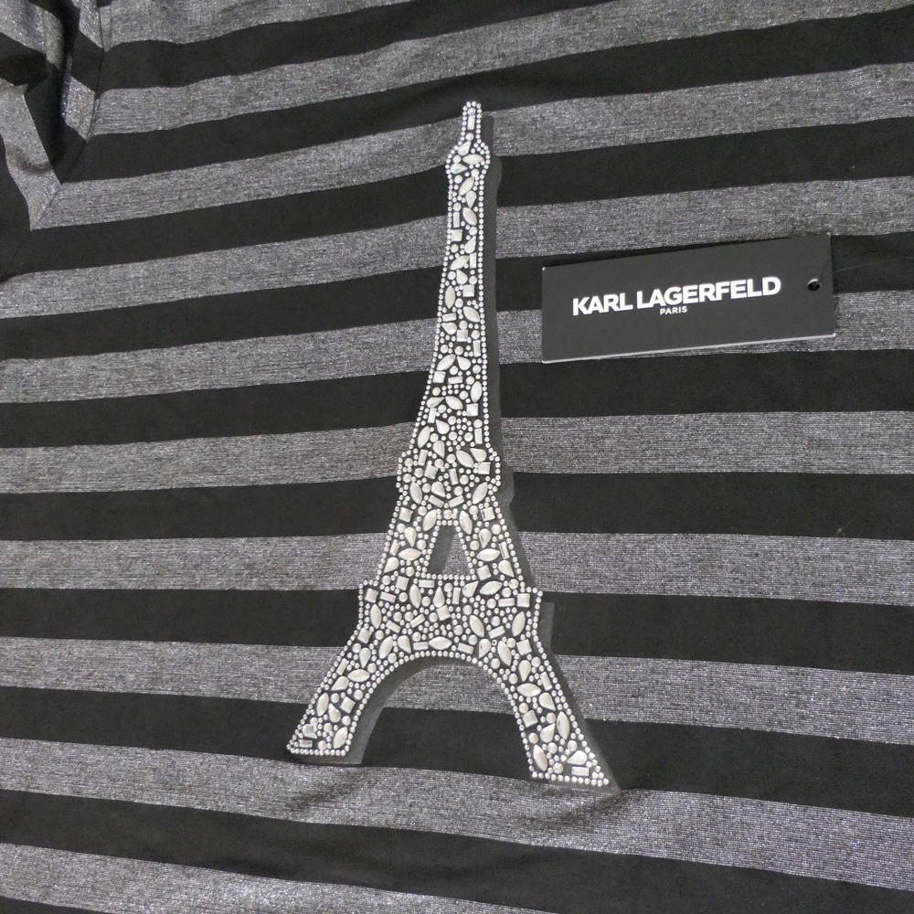 Karl Lagerfeld Women T-Shirt XL Black Silver Striped Rhinestone Eiffel Tower NEW
